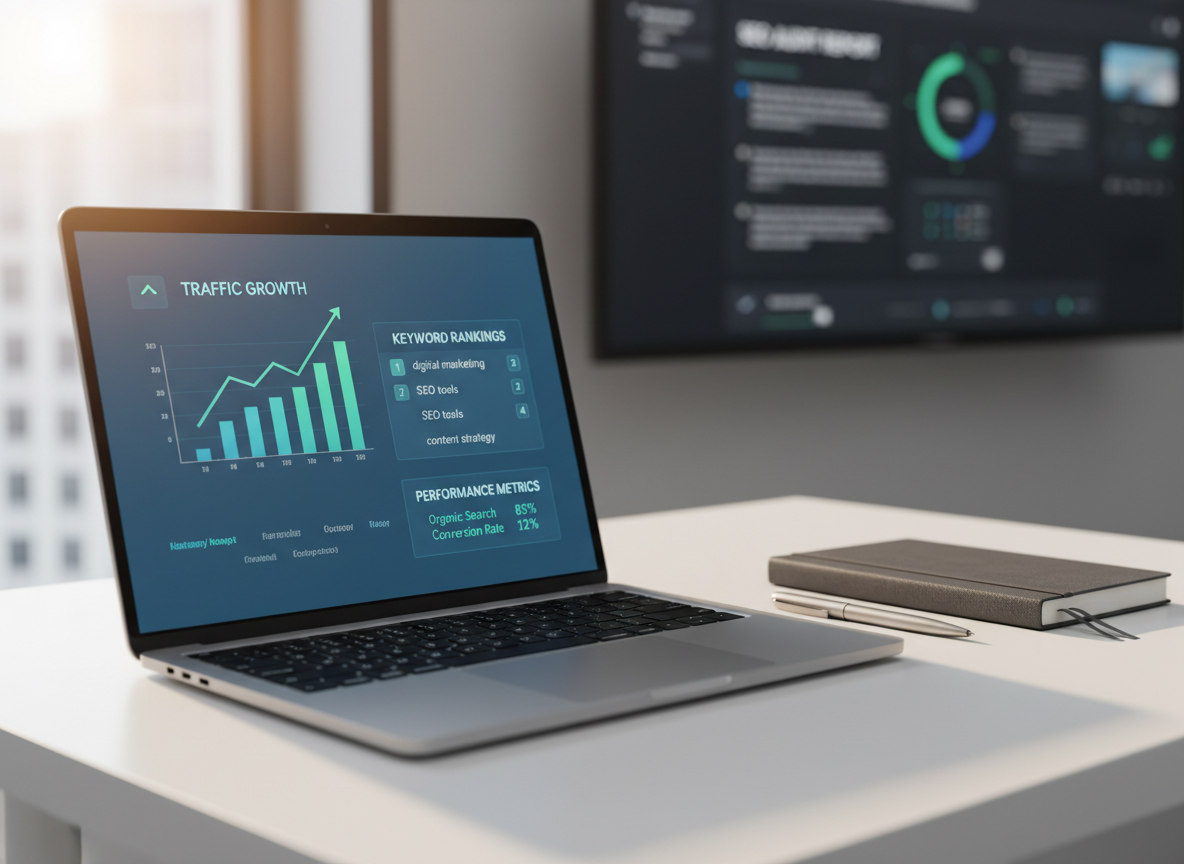 A sleek silver laptop with a vibrant analytics dashboard on screen, showing rising graphs, keyword rankings, and traffic metrics in crisp blues and greens. The laptop rests on a clean white desk beside a minimalist dark grey notebook and a neatly aligned pen. In the background, a large wall-mounted monitor displays a blurred SEO audit report. Soft daylight enters from an unseen window, creating subtle reflections on the laptop’s metallic surface and gentle shadows along the desk edge. Photographic realism with a clean, modern corporate aesthetic, shot at eye level with a shallow depth of field, keeps the focus on the data-driven tools that symbolize professional SEO and digital marketing strategy.