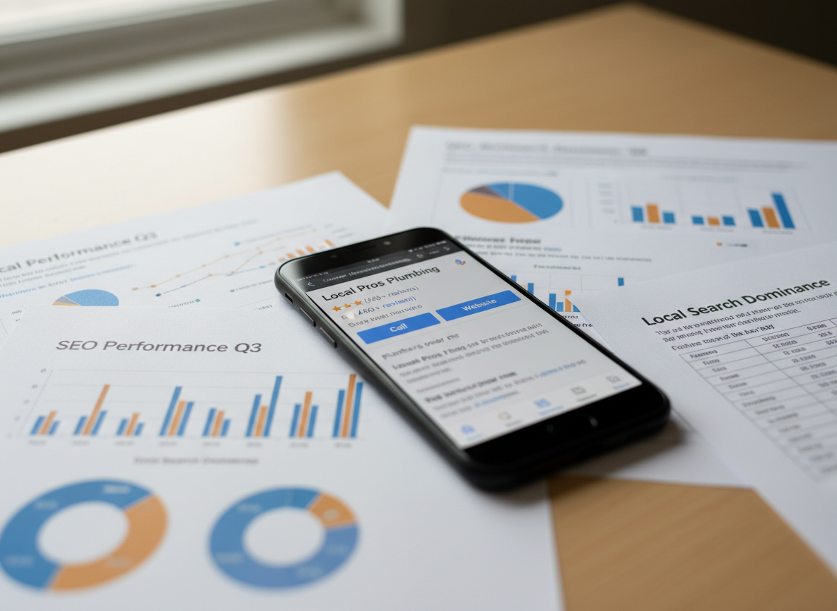 A close-up of a polished black smartphone lying on a smooth light-wood surface, its screen showing a Google search results page where a local business listing is prominently highlighted at the top with star ratings and call-to-action buttons. Around the phone are neatly arranged printed SEO reports with visible but unreadable charts and diagrams, slightly out of focus. Soft, diffused overcast window light washes over the scene, creating a calm, professional atmosphere. Photographic realism with a rule-of-thirds composition, shot from a slightly elevated angle, emphasizes the importance of local search visibility and performance marketing success without visual clutter.